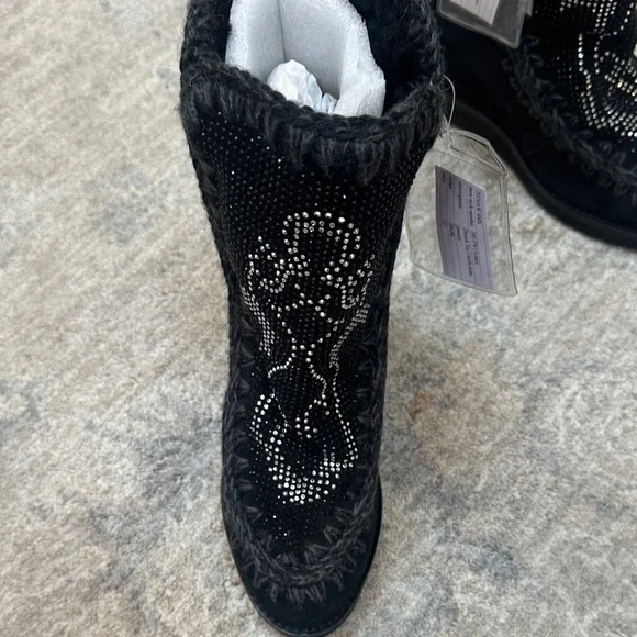 Mou brand- Black Suede Women's Boots with Rhinestone Detail - wedge heel inside - Picture 2 of 8